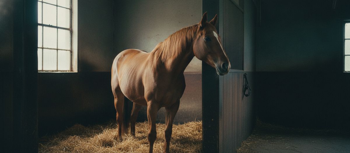 Ein Pferd steht ruhig in seiner Box, Licht fällt durch das Fenster.