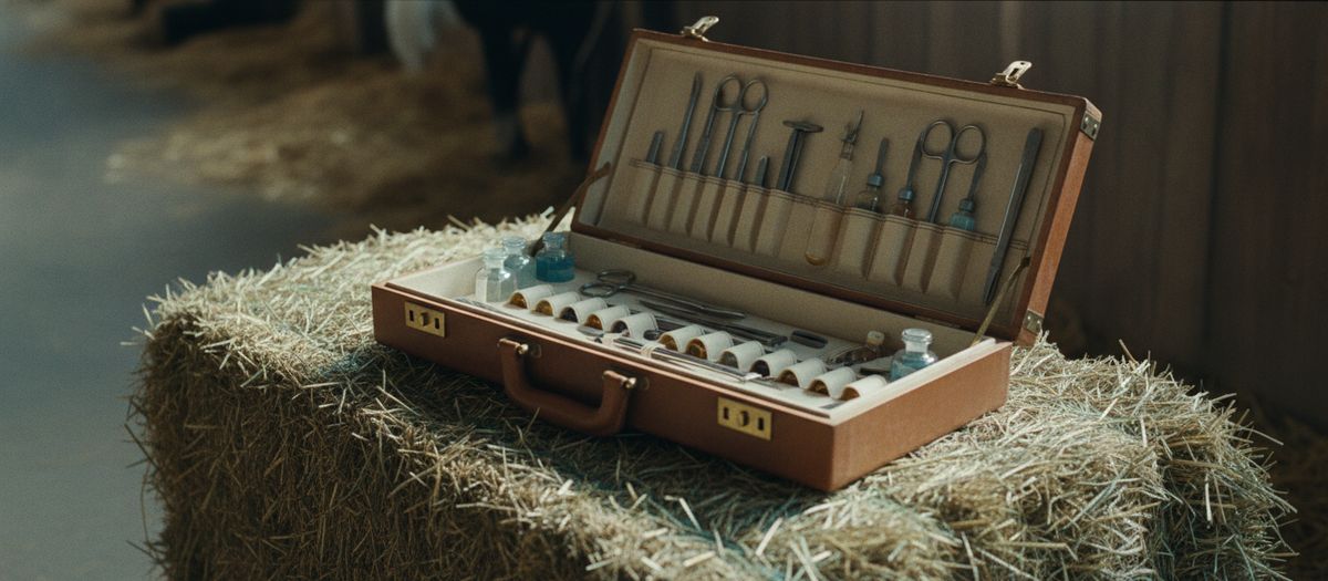 Ein geöffneter Tierarztkoffer mit geordneten Instrumenten steht auf einem Strohballen.