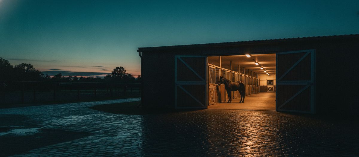 Eine beleuchtete Stallgasse in der Dämmerung, von außen durch das offene Tor gesehen.