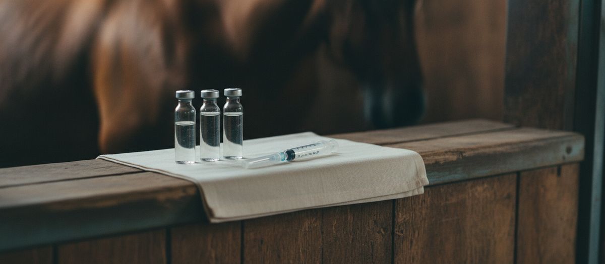 Kleine Fläschchen und eine verpackte Spritze liegen auf einem Tuch auf der Stallablage.